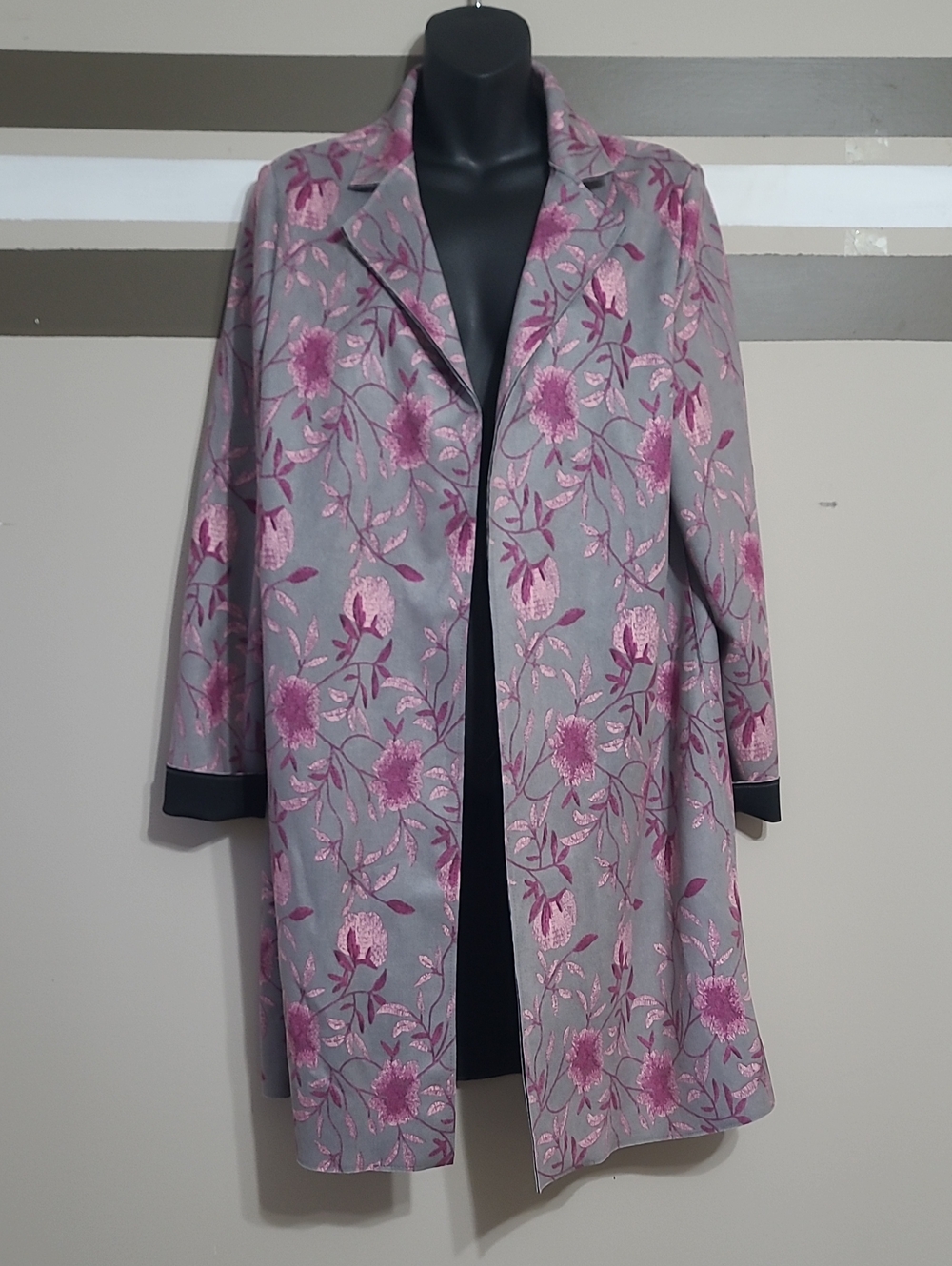 Vintage TanJay Pinkvine Floral Jacquard Print Faux Suede Duster Coat Sz MD